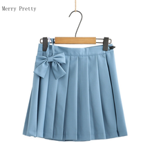 Blue Solid High Waist Mini Skirt With Bow For Women 2021 Summer Sweet Style Pleated Korean Ladies Cotton Basic Cotton Skirts 2024 - buy cheap