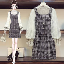 Threehonlee 2021 Spring Two piece set Women Casual Stand Collar Dot Mesh Tops + Single Breasted Plaid Mini Suspender Dress sets 2024 - buy cheap