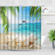 Cortinas de ducha 3D con paisaje oceánico, conjunto de decoración de baño impermeable, con diseño de delfín, estrella de mar, hoja de palma verde, Natural 2024 - compra barato