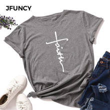 Женская летняя хлопковая Футболка JFUNCY, женская футболка с надписью веры, с принтом христианских крестов, женская футболка с коротким рукавом, женская футболка 2024 - купить недорого