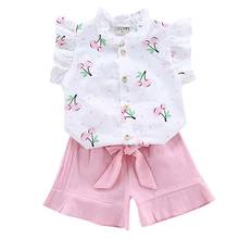 Summer Children Baby Girls Set Casual Flare Sleeve Cherry Print T-shirt Tops+Shorts Costume Set 2024 - buy cheap