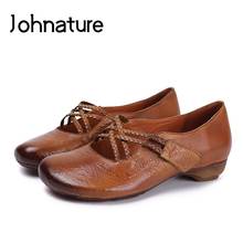 Johnature Genuine Leather Pumps Women Shoes 2022 New Autumn Retro Round Toe Hook & Loop Totem Casual Hoof Heels Ladies Shoes 2024 - buy cheap
