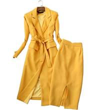 Женский костюм с юбкой, комплект из двух предметов, желтое длинное пальто, облегающая юбка, черная, Осень-зима, 2021 2024 - купить недорого
