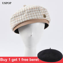 USPOP New Berets winter women beret hat tweed plaid beret thick warm wool hats 2024 - buy cheap