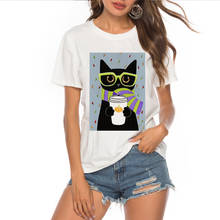 Camisetas femininas de verão, camisetas casuais, gola o, manga curta, estampa de gato agradável, animal, kawaii, 2020 2024 - compre barato
