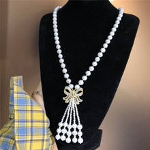 hot sell 70cm 8-9mm White freshwater pearl micro inlay zircon bowknot long tassel sweater chain necklace fine jewelry 2024 - buy cheap