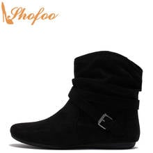 Черные ботильоны на плоской подошве женские ботиночки с круглым носком, большие размеры 14, 16, женская зимняя модная теплая обувь с пряжкой и ремешком для зрелых женщин Shofoo 2024 - купить недорого