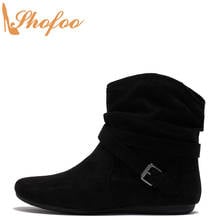 Preto flat com tornozelo botas mulher toe redondo botas senhoras inverno moda fivela cinta maduro sapatos quentes tamanho grande 14 16 shofoo 2024 - compre barato