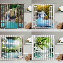 Fora da janela paisagem cortina de chuveiro floresta cachoeira primavera banheiro à prova dwaterproof água poliéster cortinas decoração para casa 2024 - compre barato