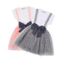 New Kids Girl Skirt  Suit Fresh Solid Color Fly Sleeve Pullover T shirt Tops Sequin Suspender Gauze Skirt Girls Clothes Set 2pcs 2024 - buy cheap