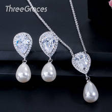 Threegraces Elegant Water Drop Cubic Zirconia Stone with Pearls Pendant Necklace Dangle Earrings Jewelry Set for Women JS209 2024 - buy cheap