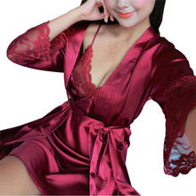 Conjunto de lingerie feminina de seda, 2 peças, pijamas, renda sexy, robe, camisola feminina, roupas de dormir, a7 a8 2024 - compre barato