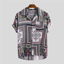 2021 Summer Hawaiian Shirt Mens Ethnic Geometric Color Block Print Short Sleeve Light Tops Casual Button Up Shirt Men 2024 - buy cheap