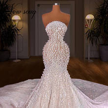 Vestido de noiva de pérolas noiva vestidos de noiva 2021 feito sob encomenda dubai árabe beading vestido de noiva do laço 2024 - compre barato