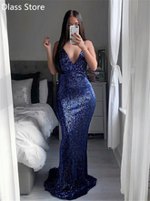 Royal Blue Prom Dress Mermaid Sequins Spaghetti Straps Deep V-neck Sleeveless Sweep Train Evening Dress коктейльные платья 2024 - buy cheap