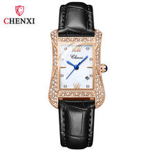 CHENXI-relojes de lujo de oro rosa con diamantes cuadrados para mujer, pulsera de cuarzo de cuero genuino, regalo, 2021 2024 - compra barato