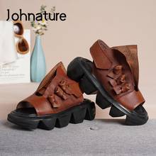 Johnature-Sandalias de piel auténtica para mujer, zapatos Retro con cuña y bucle, hechos a mano, con plataforma de ocio, 2021 2024 - compra barato