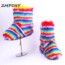 New Luxury Designer Women Snow Boots Rainbow Plush Furry Fur Winter Warm Shoes Unisex Luxury Brand Fluffy High Boot Fur Shoe 2024 - buy cheap