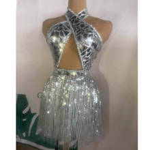 Halter Backless Hollow Silver Tassel Sequins Mini Dress Women Singer Dancer Stage Wear Birthday Party Nightclub Bar Show Costume 2024 - buy cheap