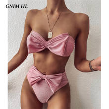 Gnim-biquíni sexy 2020, roupa de banho feminina, cintura alta, traje de banho brilhante, moda praia, duas peças 2024 - compre barato