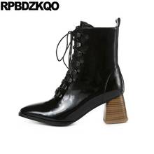 Sapatos femininos de salto alto couro preto, calçado com cadarço quadrado, ponta curta em metal genuíno, quente, inverno 2021 2024 - compre barato