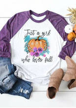 Camisetas con dibujo de calabaza para mujer, remera de Halloween, Blusa de manga raglán, camisetas de manga de tres cuartos para mujer, ropa morada 2024 - compra barato