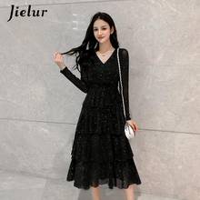 Jielur Dress Black Mesh Sequin Women Elastic Waist Vintage Ruffle Cake S-5XL Size Sexy Club Dresses Long Sleeve Robe Femme 2024 - buy cheap