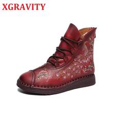 Xgravity novo outono inverno botas quentes dedo do pé redondo bordado pavão botas femininas étnica couro genuíno floresta sapatos de neve s145 2024 - compre barato