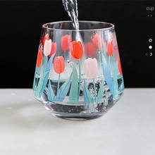 400ML Japan and South Korea ins hand-painted tulip flower glass household heat-resistant drinking cup big belly cup mousse cup 2024 - buy cheap