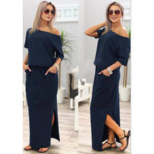 NEW Sexy Summer Women Boho Maxi Dress Short Sleeve Side Slit Loose Evening Party Long Beach Dress with Pocket Vestidos 2024 - buy cheap