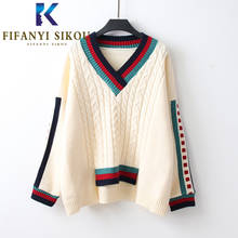 V-Neck Knitted Sweater Women Asymmetry Fashion Striped Long Sleeve Pullovers Female Loose Tops Autumn Winter Warm Sweaters 2024 - buy cheap