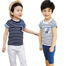 Crianças camisetas de verão manga curta crianças topos roupas para bebê meninos tshirts praia verde branco azul listrado t camisa da criança 2024 - compre barato
