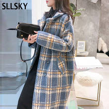 Женское шерстяное пальто Sllsky, Длинное свободное повседневное пальто в клетку с отложным воротником, теплая верхняя одежда, осень 2020 2024 - купить недорого