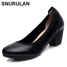 SNURULANCow leather chunky high heels solid shallow round toe OL pumps comfy brief dress woman shoes work ladies big size 34-43 2024 - buy cheap