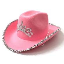 Feather Rhinestone Pink Cowgirl Hat Holiday Party Costume Sequins Wide Brim Women Girl Western Style Cowboy Cap Party Hat 2024 - buy cheap