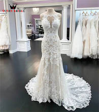 Sexy sereia vestido de casamento 2021 o pescoço tule renda apliques cristal frisado longo formal vestido de noiva feito sob encomenda kw42 2024 - compre barato