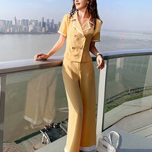 Брючный костюм, летняя рубашка с коротким рукавом, комплект из 2 предметов, топ и брюки WideLeg, женские комплекты, Свободный Повседневный Однотонный женский брючный комплект 2024 - купить недорого
