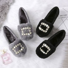 pearl beads buckle plush winter shoes woman rabbit fur cover round toe flats 42 43big size crystal studded creepers loafers s507 2024 - buy cheap