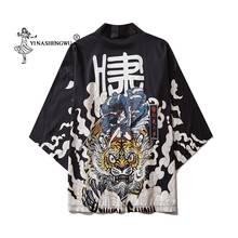 Japanese Tiger Kimono Cardigan Yukata Haori Men Samurai Costume Asian Clothes Kimonos Black Jacket Shirt Summer Beach Coat Tops 2024 - buy cheap