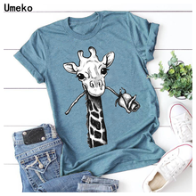 Umeko Summer Fashion 2020 Giraffe Print T Shirt for Women O-Neck Short Sleeve Tees Tops Burgundy Casual Tshirt S-5XL Plus Size 2024 - buy cheap