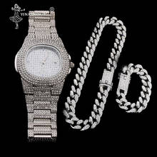 Luxury Gold Color Watch & Necklace & Bracelet Set Crystal Miami Hip Hop Ice Out Cuban Chain 2CM For Men Jewelry Stainless Steel 2024 - buy cheap