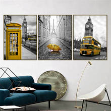 Posters e impressões nórdicos amarelo cabine de telefone ônibus preto branco arte da parede londres pares fotos parede para sala estar decoração 2024 - compre barato