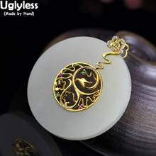 Uglyless Hollow Ethnic Gold Phoenix Pendants for Women Jade Button Necklaces NO Chains Real 925 Silver Peacock Fine Jewelry P969 2024 - buy cheap