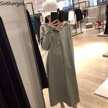 Long Sleeve Dress Women Loose Hooded Solid Straight Midi-dresses Leisure All-match Ulzzang Soft Comfortable Korean Fashion Daily 2024 - compra barato