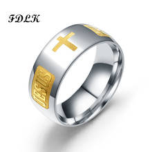 Fdlk anel de cruz cristã de jesus, religioso de aço inoxidável de 8mm deus economizou anéis de banda para homens e mulheres presente de festa 2024 - compre barato