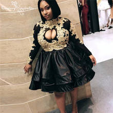 African Black Homecoming Dresses Short 2021 Gold Lace Appliques Long Sleeve Mini Prom Dress Graduation Gowns Vestido De Fiesta 2024 - buy cheap