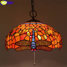 FUMAT 16" Tiffany Yellow Red Orchid Dragonfly Stained Glass Pendant Lamp Red Rose Gemstone Handicraft Arts Hanging Light Fixture 2024 - buy cheap
