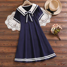 JK Harajuku Lolita Navy Blue Big Sailor Collar Bow Preppy Style Patchwork High Waist A Line Dress Sweet Kawaii Chic Vintage 2024 - buy cheap