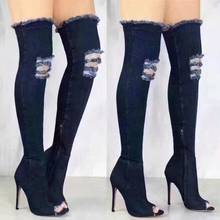 Peep Toe Over The Knee Zip Denim Motorcycle Boots Shoes Party Plus Size 36-41 Women Sexy Spring Jean High Heels Boots Shoes 2024 - buy cheap