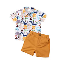 Комплект детской одежды для мальчиков, От 1 до 6 лет, летняя рубашка с короткими рукавами и отворотами и шорты с принтом динозавра, повседневные Костюмы для мальчиков, 2021 2024 - купить недорого